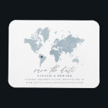 Blue watercolor world map wedding announcement magnet<br><div class="desc">Blue watercolor world map wedding save the date card. With a beautiful blue watercolor world map,  moveable heart to position over your location of choice and space for name location and additional details. Ideal for foreign location weddings or just because you love your state</div>