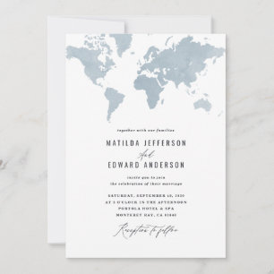 Blue watercolor world map wedding travel