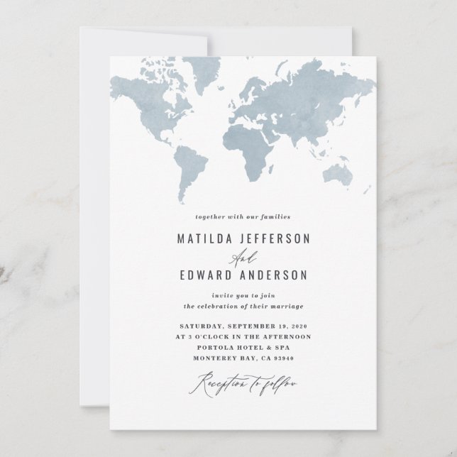 Blue watercolor world map wedding travel (Front)