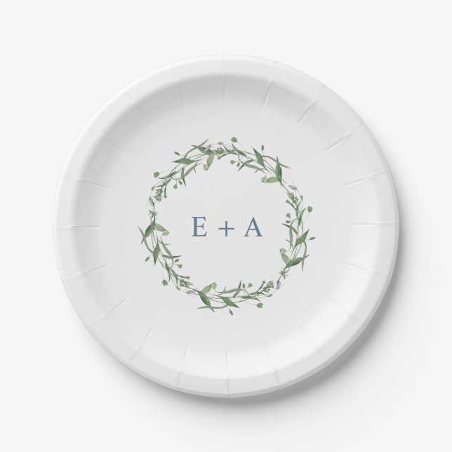 Blue Watercolor Wreath Monogram Paper Plate (Front)