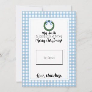 Blue Watercolor Wreath Teacher Christmas Gift Card