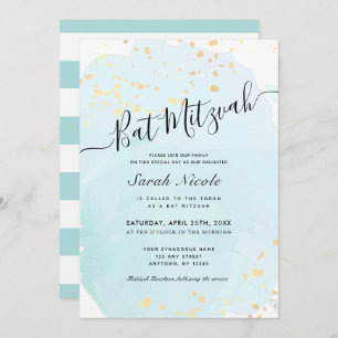 Blue Watercolor x Gold Splatters Bat Mitzvah Invitation