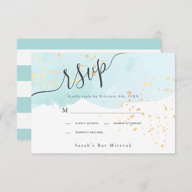Blue Watercolor x Gold Splatters Bat Mitzvah RSVP Card (Front/Back)