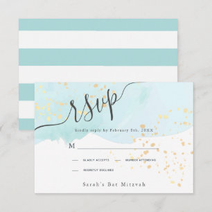 Blue Watercolor x Gold Splatters Bat Mitzvah RSVP Card