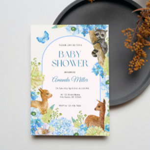 Blue watercolors Cute Animals Flowers Baby Shower Invitation