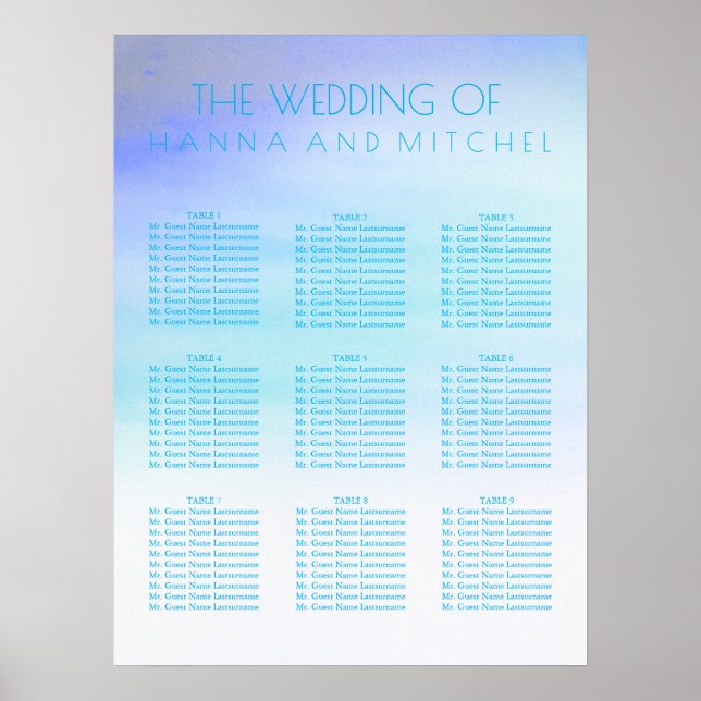 Blue Watercolors Wedding Seating Chart (Front)