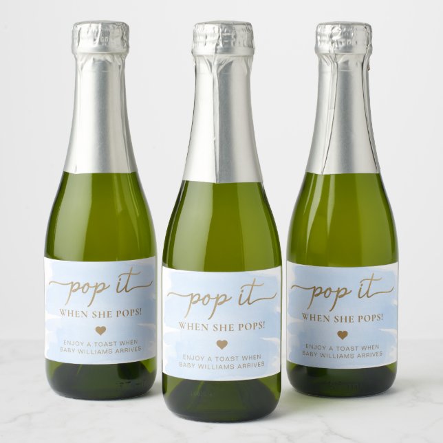Blue Watercolour Baby Shower Favour Sparkling Wine Label (Bottles)