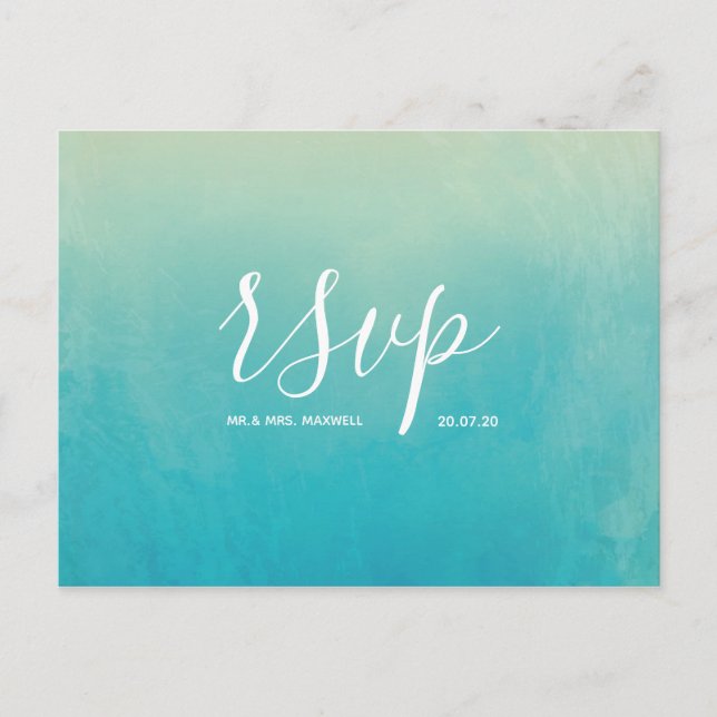 Blue Watercolour Beach Wedding Rsvp Invitation Postcard (Front)