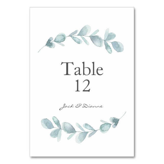 Blue Watercolour Eucalyptus Wedding table cards (Front)