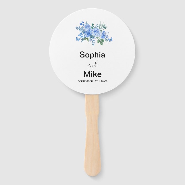 Blue Watercolour Floral and Butterflies Wedding  Hand Fan (Front)
