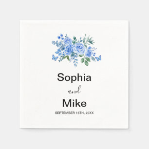 Blue Watercolour Floral and Butterflies Wedding Napkin