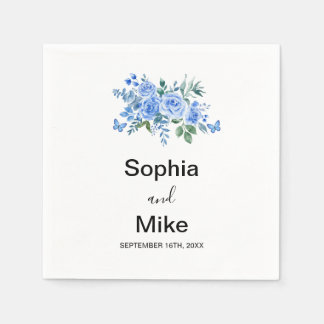 Blue Watercolour Floral and Butterflies Wedding Napkin