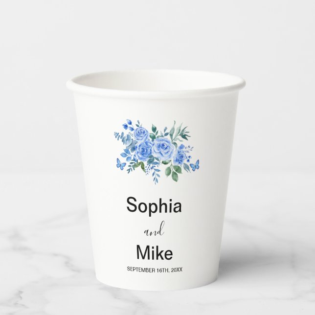 Blue Watercolour Floral and Butterflies Wedding Paper Cups (Front)