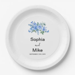 Blue Watercolour Floral and Butterflies Wedding Paper Plate