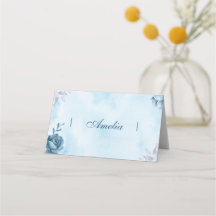 Blue Watercolour Floral Folded Place Card