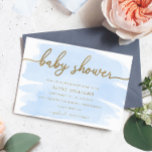 Blue Watercolour Gold Baby Shower Invitation<br><div class="desc">This baby shower invitation features a timeless watercolour design with a faux gold foil heading. The gold heading is not editable but all other text can be customised to suit your event.</div>