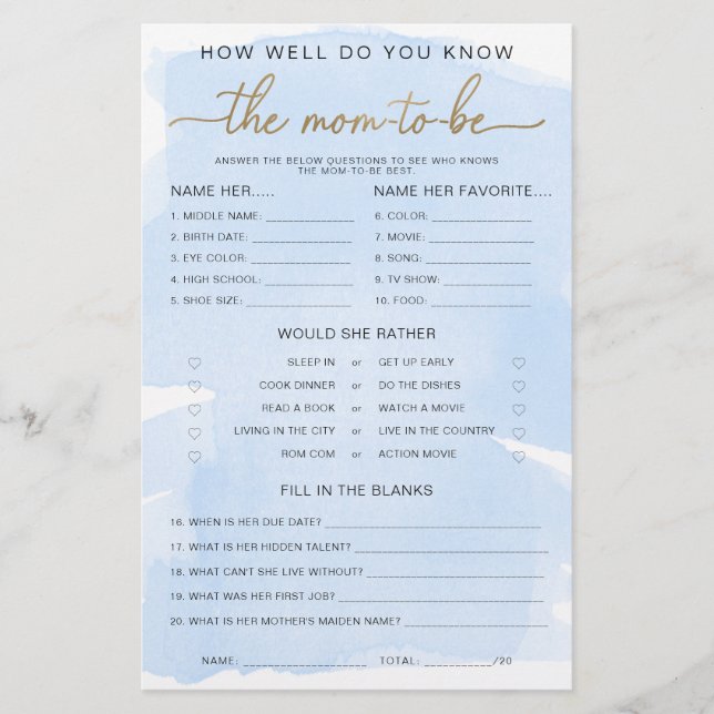 Blue Watercolour Gold Know The Mum-to-be Game (Front)