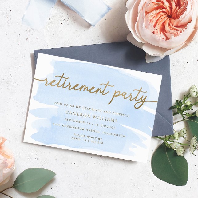 Blue Watercolour Gold Retirement Party Invitation (Creator Uploaded)