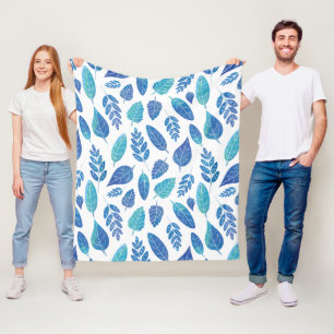 Blue Watercolour Leaves Pattern Fleece Blanket