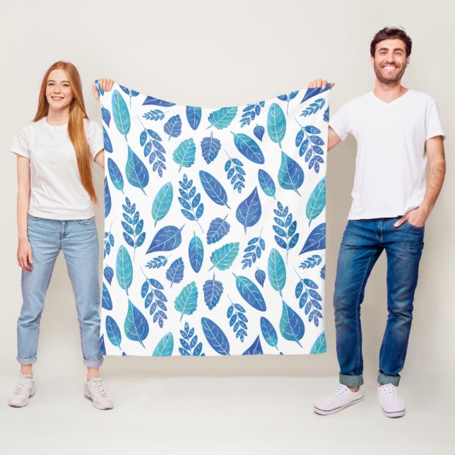 Blue Watercolour Leaves Pattern Fleece Blanket (In Situ)