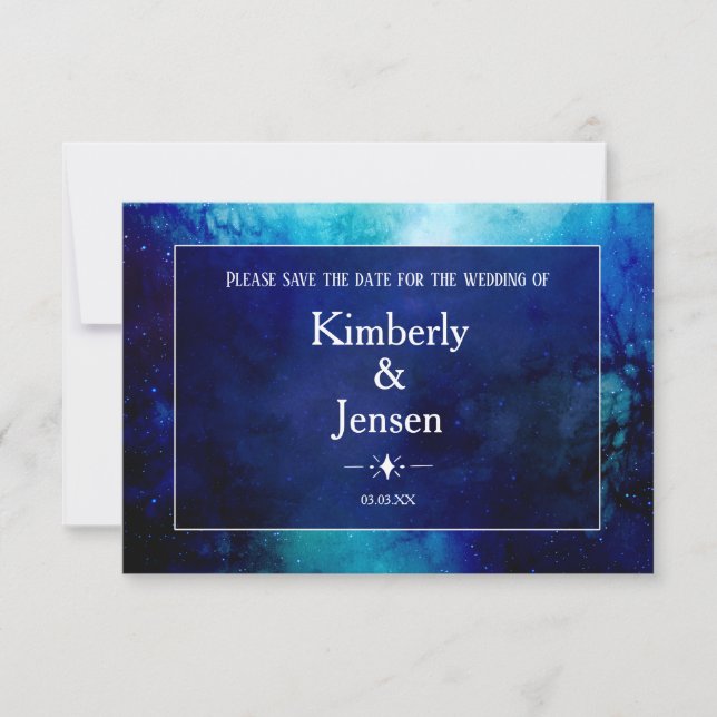 Blue Watercolour Nebula Save the Date Card (Front)