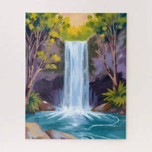 Blue Waterfall Forest Landscape Nature Painting Jigsaw Puzzle