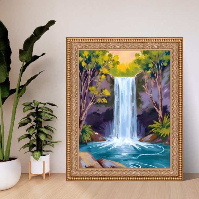 Blue Waterfall | Forest Landscape Nature Painting Poster (Creator Uploaded)
