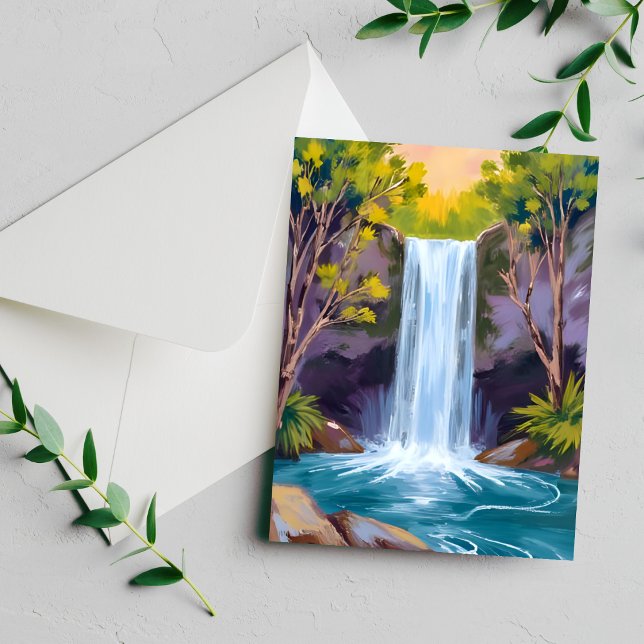 Blue Waterfall | Forest Landscape Painting Card (Creator Uploaded)