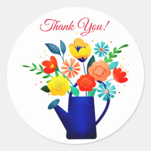 Blue Watering Pot & Yellow Red Flowers Classic Round Sticker