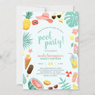 Blue   Watermelon Pineapple Tropical Pool Party Magnetic Invitation