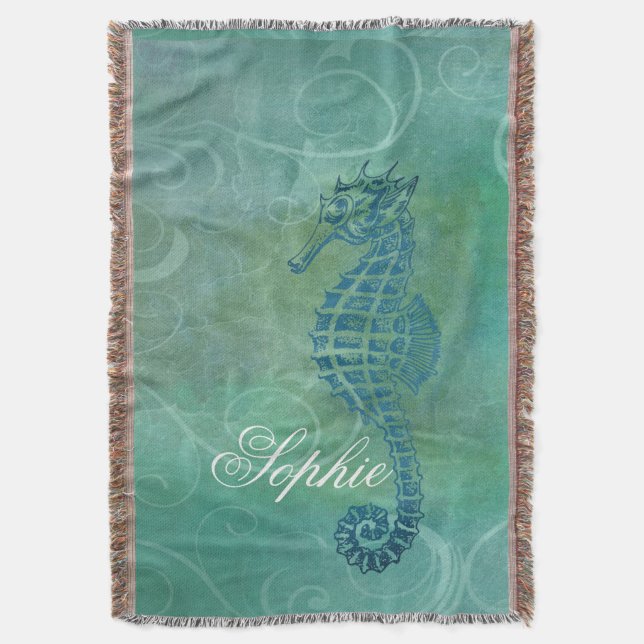 Blue Waters, Seahorse and Flourish Throw Blanket (Front Vertical)