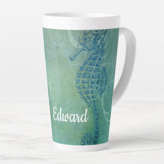 Blue Waters, Seahorse & Flourish Latte Mug (Right Angle)