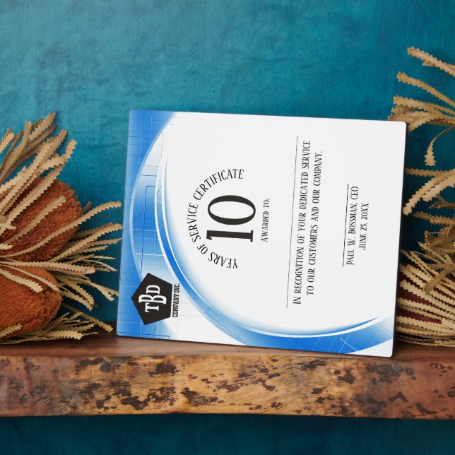 Blue wave 10 year employee anniversary award plaque (Side)