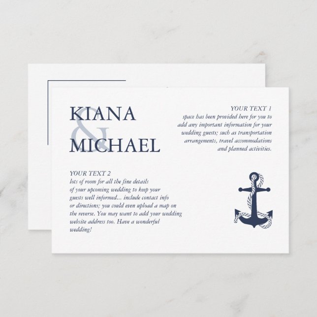 Blue Wave Anchor Wedding Details Navy/Wht ID836 Enclosure Card (Front/Back)