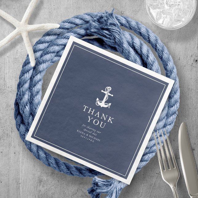 Blue Wave Anchor Wedding Thank You Wht/Navy ID836 Napkin (Creator Uploaded)