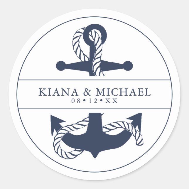 Blue Wave Anchor Wedding V2 Navy/Wht ID836 Classic Round Sticker (Front)