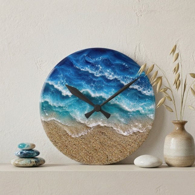 Blue Wave Resin Look Beach Sand Ocean coastal Round Clock (Creator Uploaded)