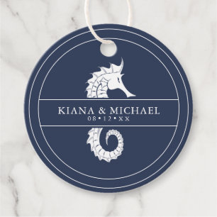 Blue Wave Seahorse Wedding Wht/Navy ID836 Favour Tags
