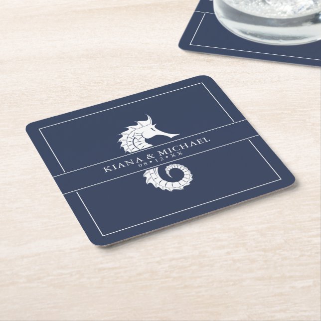 Blue Wave Seahorse Wedding Wht/Navy ID836 Square Paper Coaster (Angled)