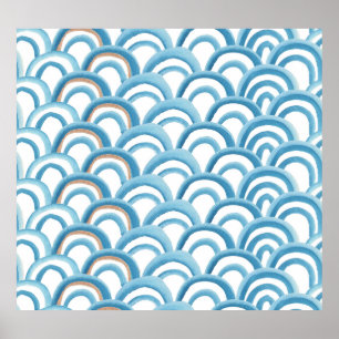 Blue wave watercolor, seamless painting. poster