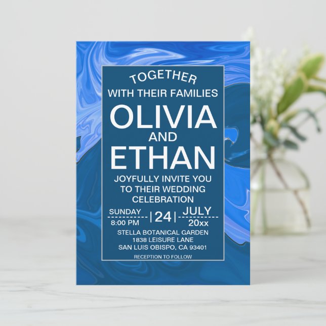 Blue waves abstract art Wedding Invitation (Standing Front)