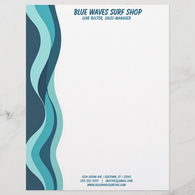 Blue Waves Border Surf Ocean Water Spa Custom Letterhead (Front)