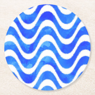 Blue Waves Decorative Watercolor Round Paper Coaster