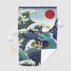 Blue Waves Green Dragon Red Sun Golf Towel