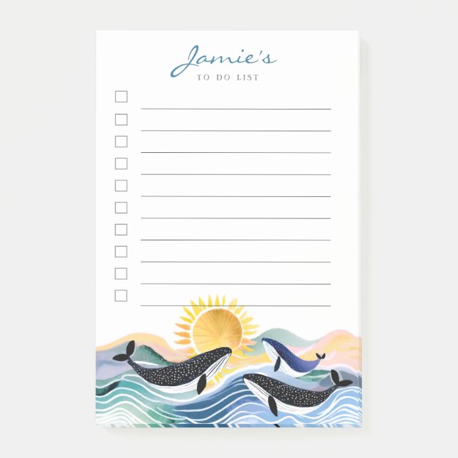 Blue Waves & Happy Whales Custom Post-It Notes (Front)