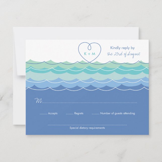 Blue Waves Loopy Heart Beach Wedding RSVP Card (Front)