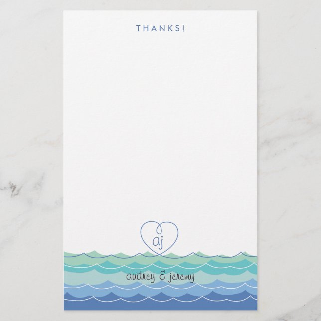 Blue Waves Loopy Heart Thank You Stationery (Front)