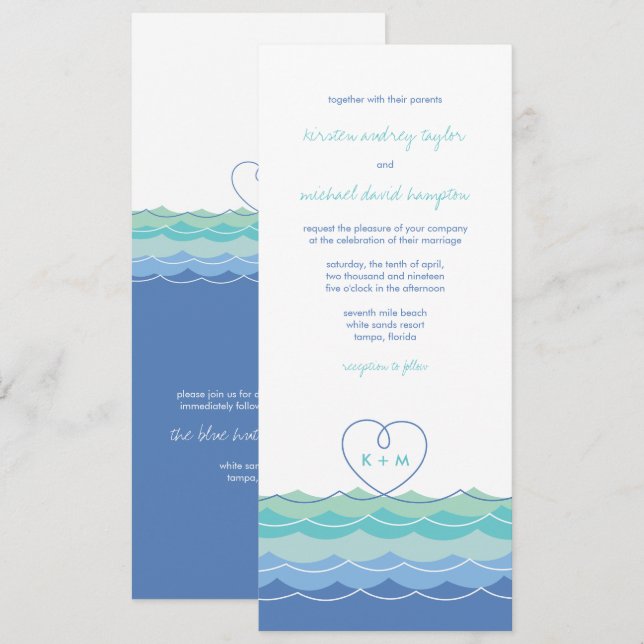 Blue Waves Modern Loopy Heart Beach Wedding Invite (Front/Back)