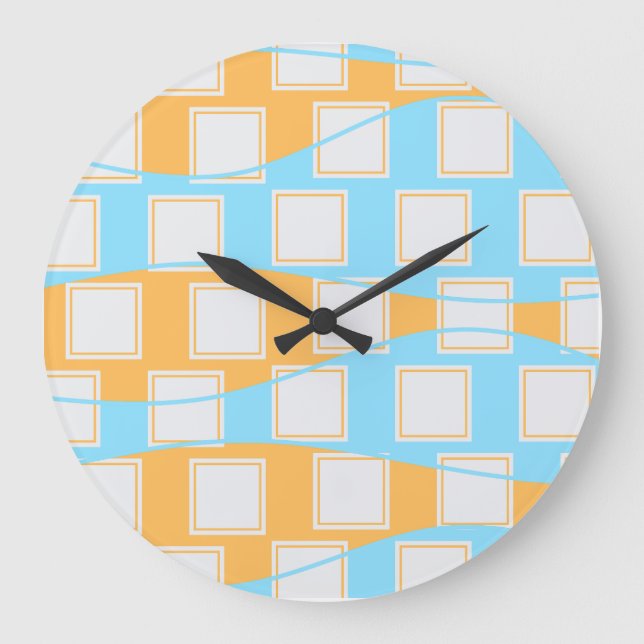 Blue Waves Over White Square Patches  Large Clock (Front)