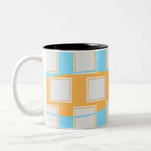 Blue Waves Over White Square Patches Two-Tone Coffee Mug